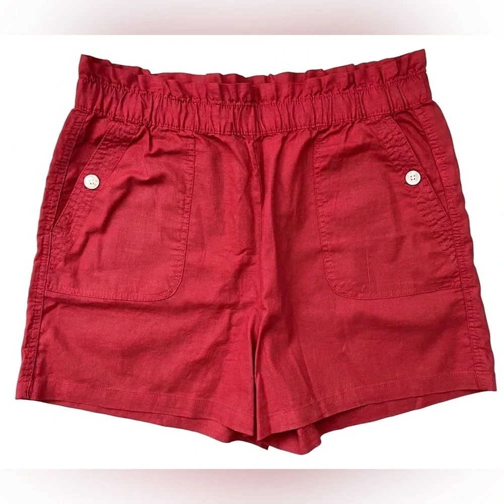 NWOT JOE FRESH Brick Ref Elastic High-Waisted Linen-Blend Shorts Size: Large - Picture 2 of 6